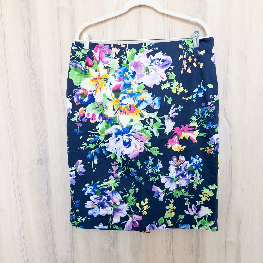 Ralph Lauren Floral Skirt Size 14 Navy Colorful Pencil Cotton Preppy Feminine